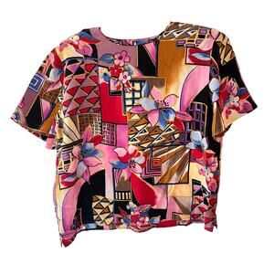 Vintage Funky Floral Silk Crew Neck Top SZ M